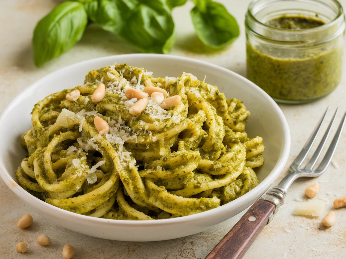 Bowl of trofie pasta with pesto sauce, garnished with Parmesan and pine nuts, on a rustic table.